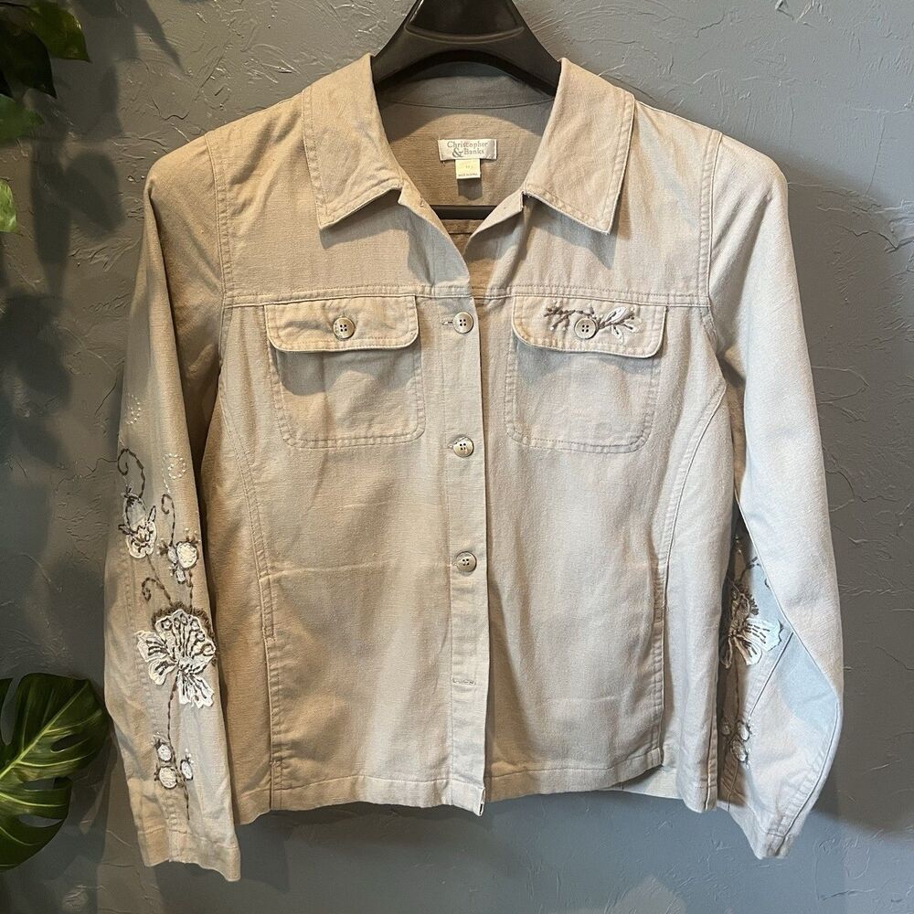 VTG Christopher Banks M Jacket Linen Cotton Beige Embroidered Floral Medallion